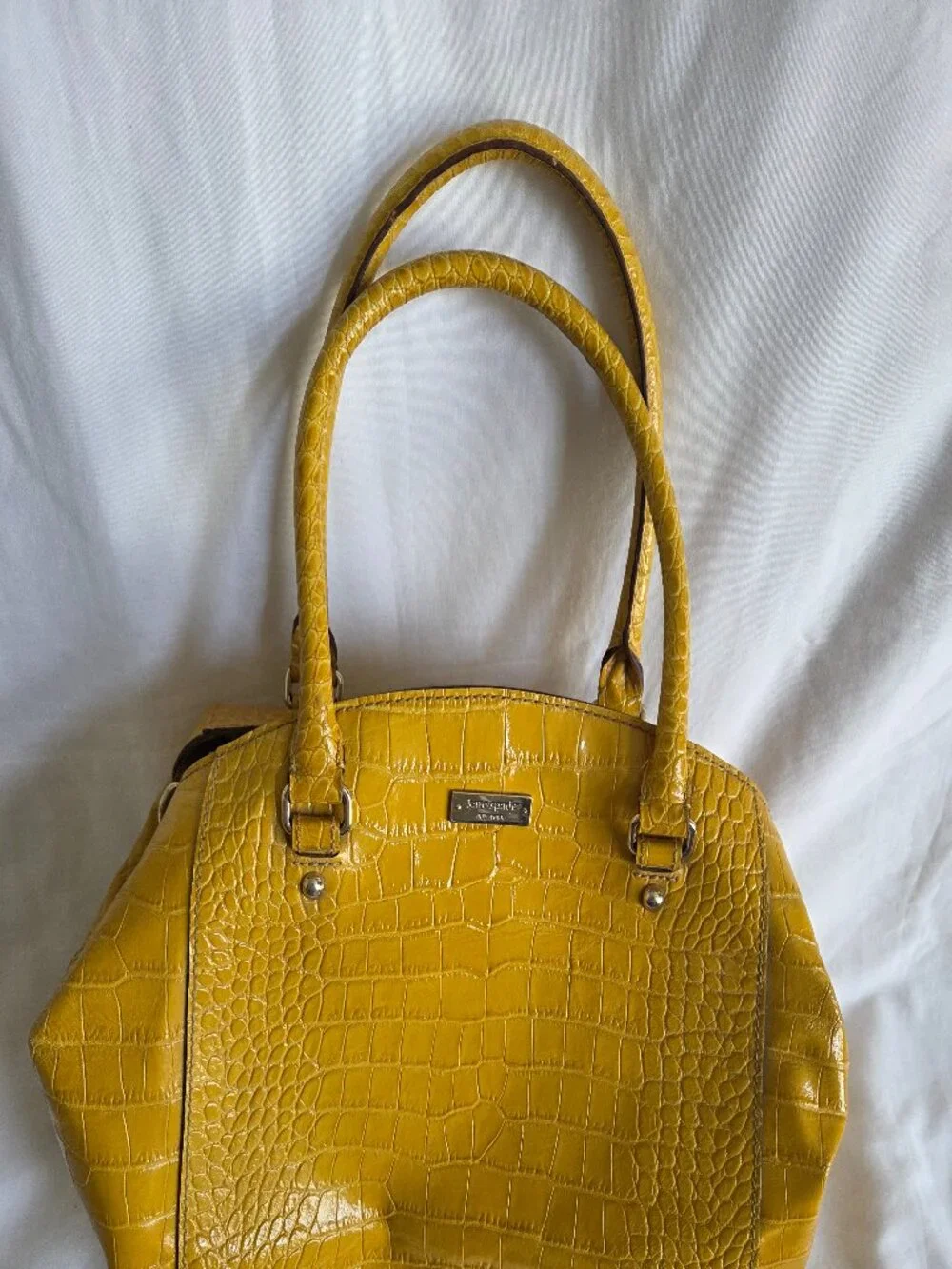 VINTAGE Kate Spade Mustard Yellow Patent Leather Crocodile Embossed Satchel